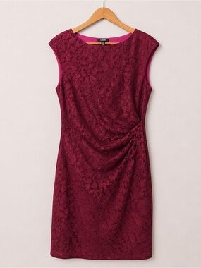 Chaps Burgundy Lace Sheath Dress Size 12 Cocktail Wedding Guest Stretch Gala